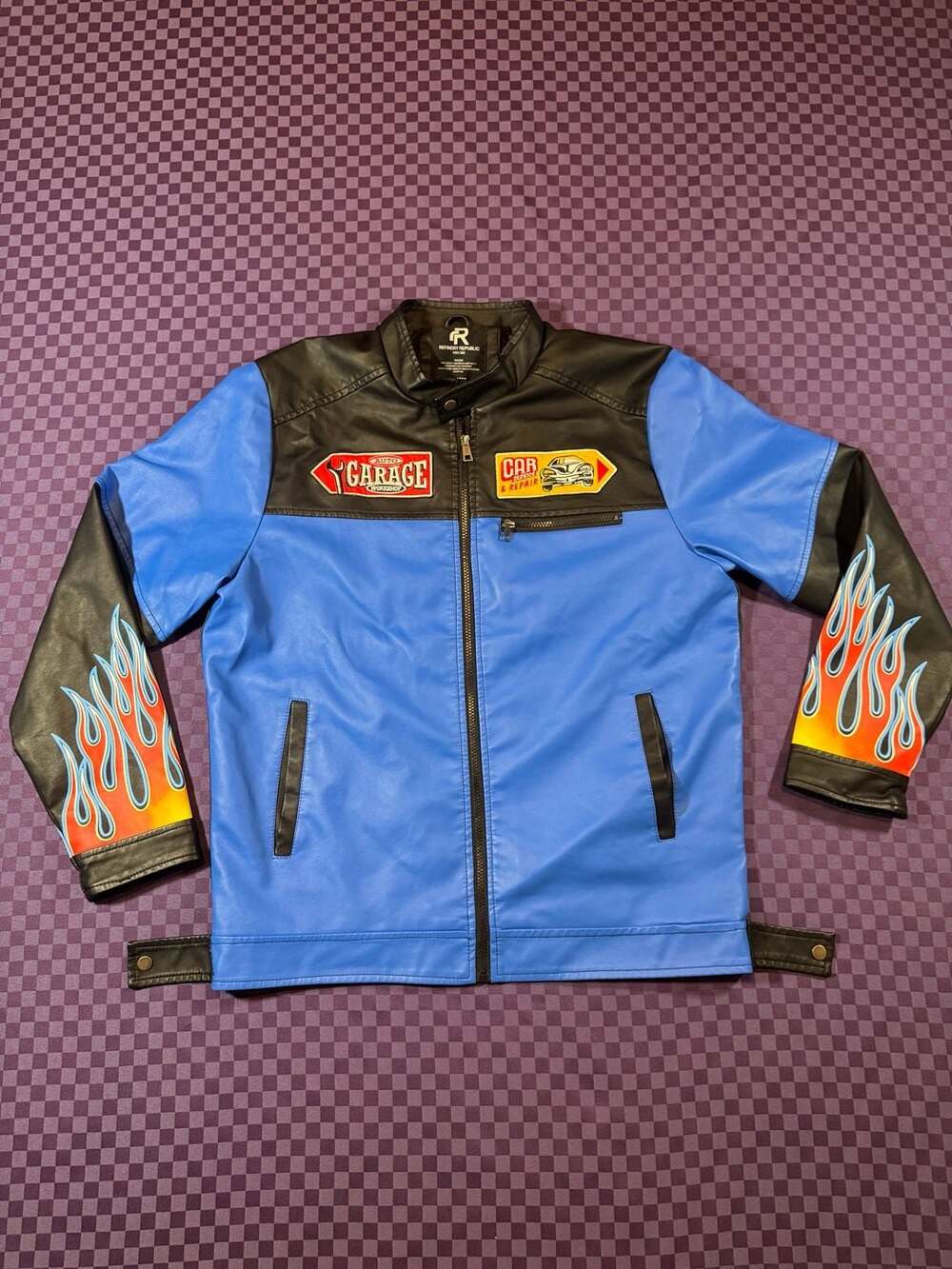 Refinery Republic Racer Faux Leather Jacket with Flame Sleeves & Garage Patches